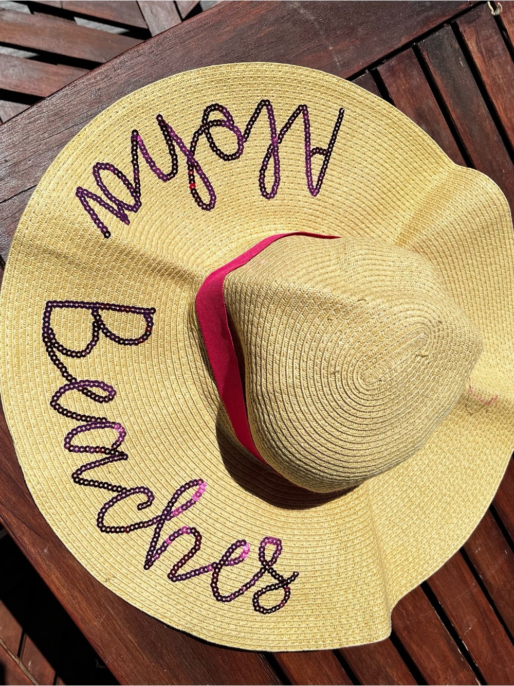 Aloha Beaches Embellishede Wide-Brim Straw Sun Hat - Yellow with Pink Script